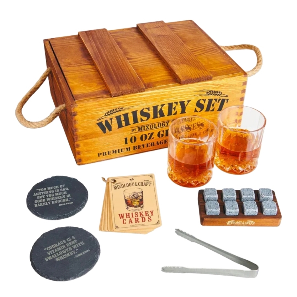 Whiskey Set with Wooden Box,Glasses, Stones, Coasters, Tray & Cards New